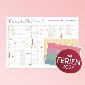 May include: A white wall calendar for the year 2027 titled Rein ins Abenteuer with the subtitle zweitausendsevenundzwanzig. The calendar features twelve monthly columns with grid lines and includes a sheet of colorful round and rectangular stickers.