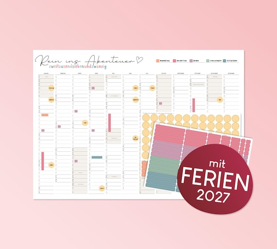 Jahreskalender 2027 personalisiert mit bunten Stickern - Markierung von Ferien und Feiertagen - DIN A2 Poster Querformat