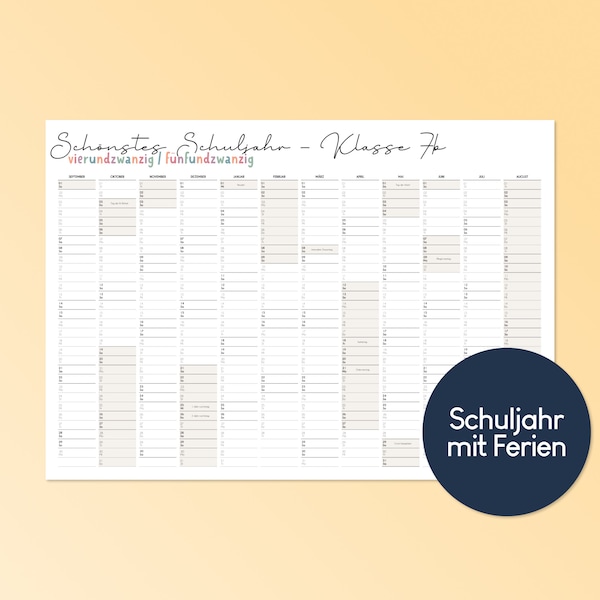 Schuljahreskalender 2024/2025 personalisiert mit Markierung von Ferien und Feiertagen deines Bundeslandes - DinA2 Poster Querformat