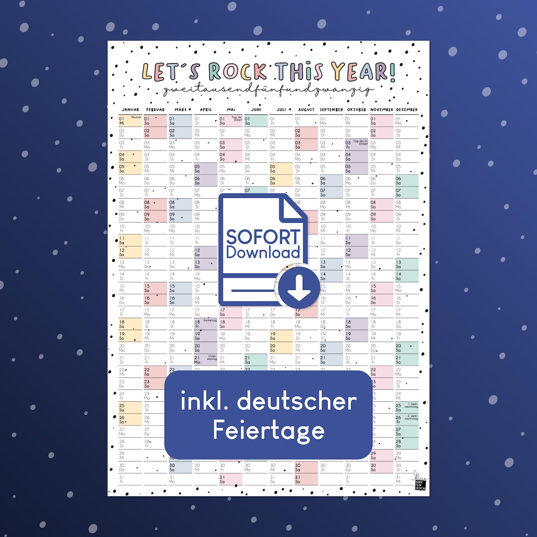 Annual Calendar 2025 Print Immediately in Dina4, A3 or A2 With Marking