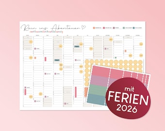 Personalized 2026 Year Calendar with Colorful Stickers – Highlight Holidays and Vacations – A2 Poster Landscape