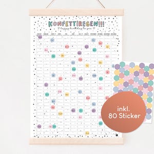 Geburtstagskalender “KONFETTIREGEN!!!” - mit bunten Stickern - DinA2 Poster Hochformat