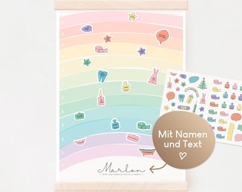 May include: A rainbow-colored growth chart with stickers and the name "Marlon" at the bottom. The chart has a wooden hanger at the top and includes a sheet of stickers with various designs. The text "Mit Namen und Text" is on a brown circle.