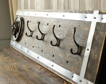 Handmade Reclaimed Metal & Wood Coat Rack Rustic Primitive Farmhouse Coat Rack distressed wood, entryway organizer,coat hook