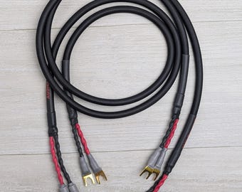 Home Stereo Speaker Cable Pair | Canare 4S8 Star Quad Cable, 13 AWG | Gold Banana Spade | handmade, custom audio, hi-fi
