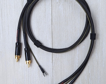 Turntable Cable Set, Mogami Cable, Dual Gold RCA, Spade Ground Wire, Braided Sleeve, Handmade, Custom Audio, Phono