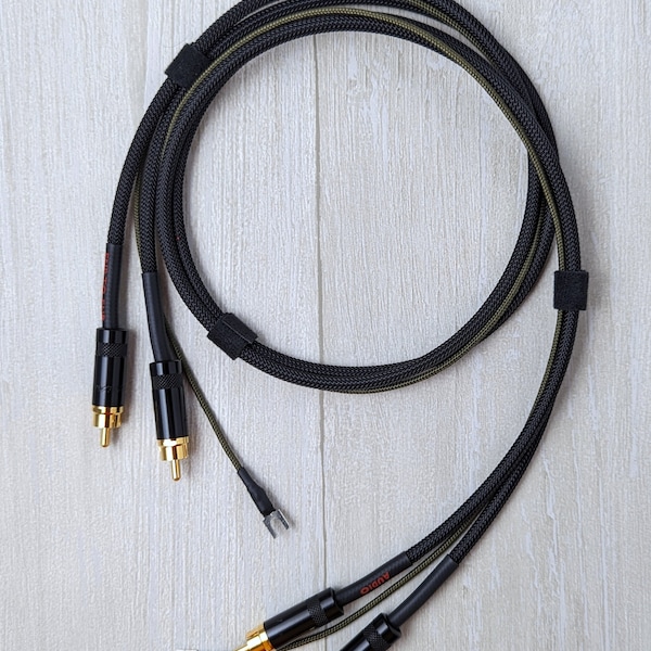 Turntable Cable Set, Mogami Cable, Dual Gold RCA, Spade Ground Wire, Braided Sleeve, Handmade, Custom Audio, Phono