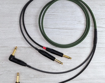 Dual Unbalanced Stereo Cable | Straight 1/4" TS to Right Angle 1/4", Mogami Cable, Braided Sleeve | keyboard, amp A-B, pedal board