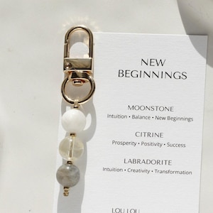 Può includere: Un portachiavi dorato con tre perline di pietre preziose: bianca, trasparente e grigia. È attaccata una carta bianca con il testo "NEW BEGINNINGS" e le descrizioni delle pietre preziose. La carta include anche il marchio "LOU LOU".