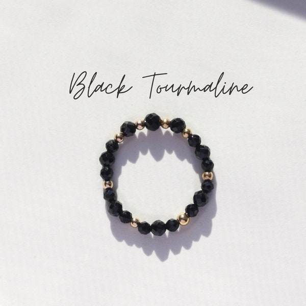 Black Tourmaline Ring. Gemstone Elastic Ring. Sparkly Dainty Ring. 14k Gold Filled or Sterling Silver Beads. Protection Ring.