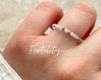 Fertility Support Ring. Rose Quartz, Aquamarine, Moonstone. Gemstone Elastic Ring. 14k Gold Filled or Sterling Silver. Mom To Be Gift