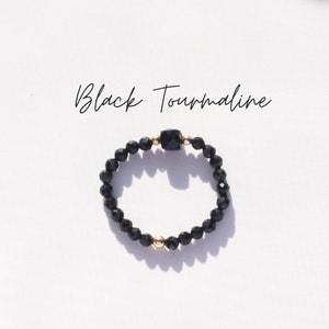 Black Tourmaline Ring. Gemstone Elastic Ring. Sparkly Dainty Ring. 14k Gold Filled or Sterling Silver Beads. Protection Ring.