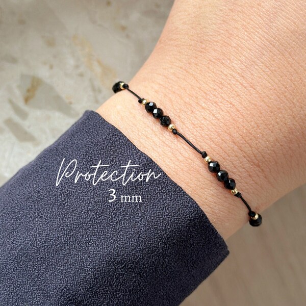 Black Tourmaline Gemstone Bracelet. Black Dainty Bracelet. 14k Gold Filled. Delicate Everyday Bracelet. October Birthstone. 3mm. 'PROTECT'