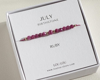 Natural Ruby Gemstone Beaded Bracelet, July Birthstone: Gold Filled or Sterling Silver