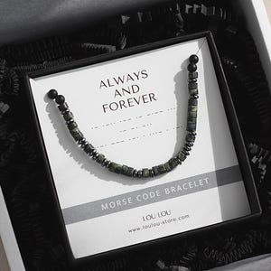 Mens Morse Code Adjustable Bracelet: 'Always and Forever' Secret Message, Natural Crystals, Birthday Anniversary Gift