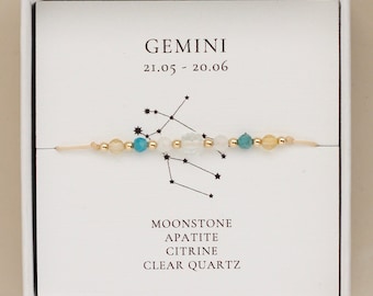 Gemini Zodiac Dainty Natural Gemstone Bracelet: Moonstone, Apatite, Citrine, Clear Quartz | Astrology Lover Birthday Gift