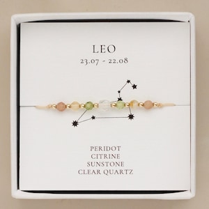 Pulsera delicada de piedras preciosas naturales del zodíaco Leo: peridoto, citrino, piedra solar, cuarzo transparente. Regalo de cumpleaños para amantes de la astrología.