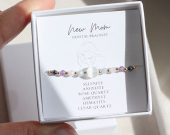 New Mom Gift. Dainty Mom To Be Bracelet. Selenite, Angelite, Rose Quartz, Amethyst, Hematite, Clear Quartz. Gold Filled/Sterling Silver