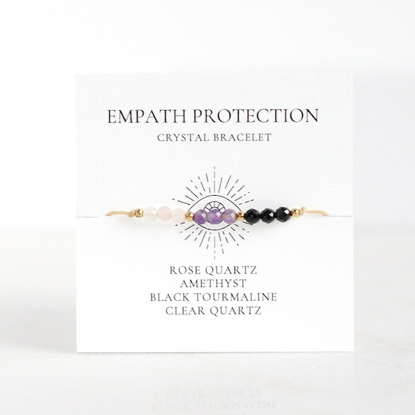 Empath Protection Gemstone Bracelet. 14k Gold Filled. Dainty Everyday Bracelet. Black Tourmaline, Amethyst, Rose Quartz, Clear Quartz. 3mm.