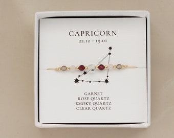 Capricorn Zodiac. Dainty Gemstone Bracelet. Garnet, Rose Quartz, Smoky Quartz, Clear Quartz. Birthday Gift Idea. Astrology Lover Gift