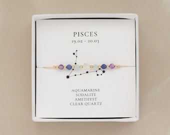 Pisces Zodiac Dainty Natural Gemstone Bracelet: Aquamarine, Sodalite, Amethyst, Clear Quartz | Astrology Lover Birthday Gift