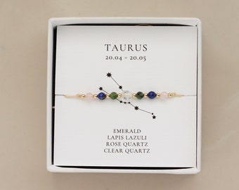 Taurus Zodiac. Dainty Crystal Bracelet. Emerald, Lapis Lazuli, Rose Quartz, Clear Quartz. Healing Crystals.