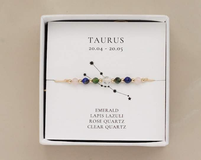 Taurus Zodiac Dainty Natural Gemstone Bracelet: Emerald, Lapis Lazuli, Rose Quartz, Clear Quartz | Astrology Lover Birthday Gift