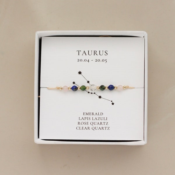 Taurus Zodiac. Dainty Crystal Bracelet. Emerald, Lapis Lazuli, Rose Quartz, Clear Quartz. Healing Crystals.