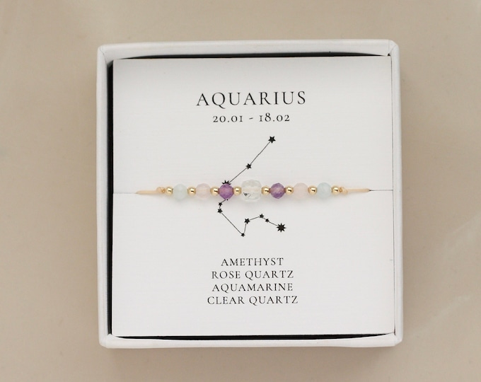 Aquarius Zodiac Dainty Natural Gemstone Bracelet: Amethyst, Rose Quartz, Aquamarine, Clear Quartz | Astrology Lover Birthday Gift