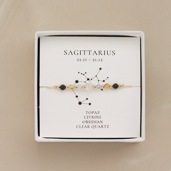 Sagittarius Zodiac Dainty Natural Gemstone Bracelet: Topaz, Citrine, Obsidian, Clear Quartz | Astrology Lover Birthday Gift