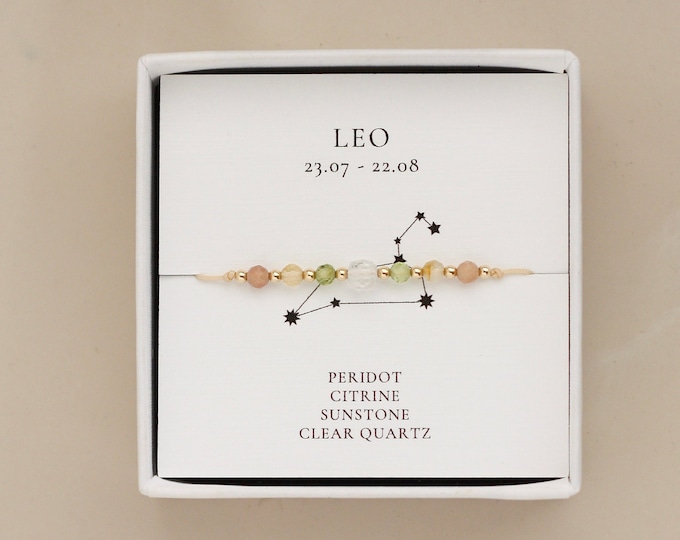 Leo Zodiac Dainty Natural Gemstone Bracelet: Peridot, Citrine, Sunstone, Clear Quartz | Astrology Lover Birthday Gift