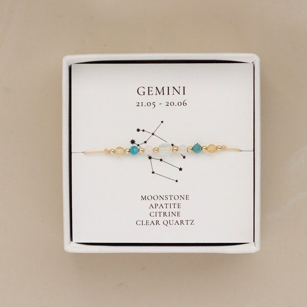 Gemini Zodiac. Dainty Crystal Bracelet. Moonstone, Apatite, Citrine, Clear Quartz. Healing Crystals.