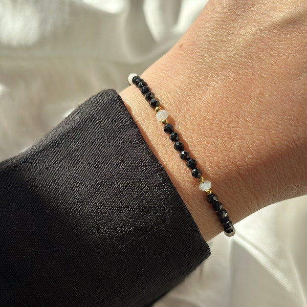 Black Tourmaline and Moonstone Gemstone Bracelet. 14k Gold Filled or Sterling Silver. Dainty Delicate Minimal. 3mm