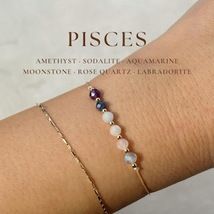 魚座ブレスレット。アメジスト、ソーダライト、アクアマリン、ムーンストーン、ローズクォーツ、ラブラドライトの宝石。14K ゴールドフィルドまたはスターリングシルバー。