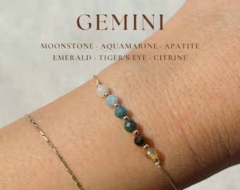 Gemini Bracelet: Moonstone, Aquamarine, Apatite, Emerald, Tiger's Eye, Citrine Crystals | Astrology Lover Birthday Gift