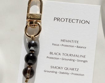 May include: A gold-colored keychain with three gemstone beads: hematite, black tourmaline, and smoky quartz. A white card with the word "PROTECTION" and gemstone properties is attached. The website www.loulou-store.com is also visible.