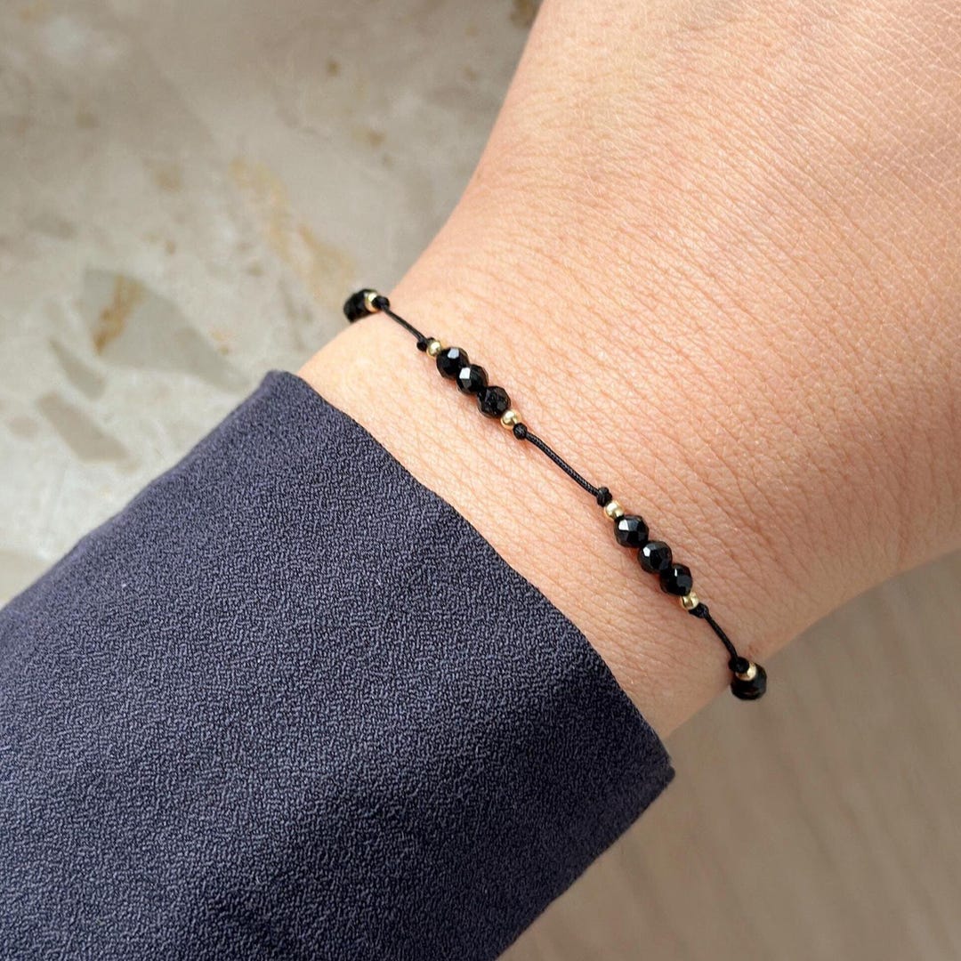 Prot Gold Dainty Black Tourmaline Crystal Beaded Bracelet: 14k Gold Filled or ...