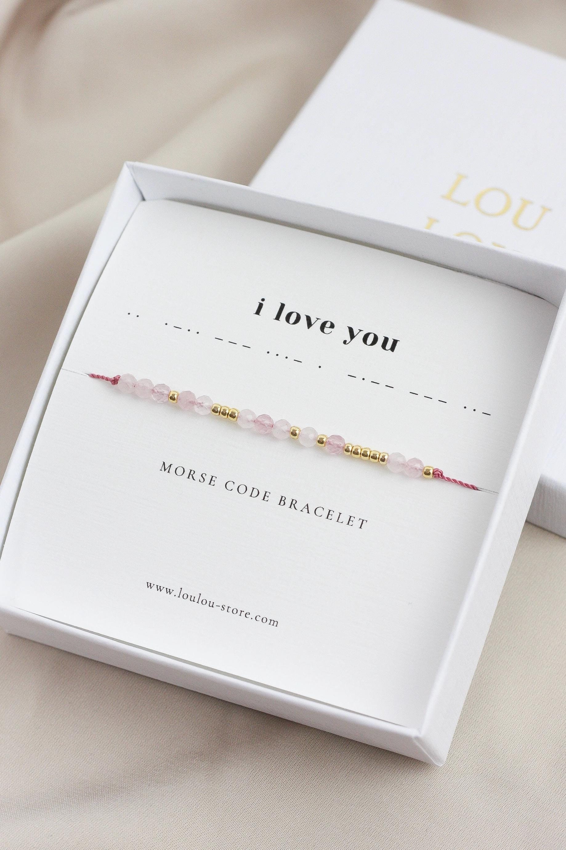 I Love You Morse Code Bracelet: Natural Rose Quartz Gemstones, Gold or Silver Finish