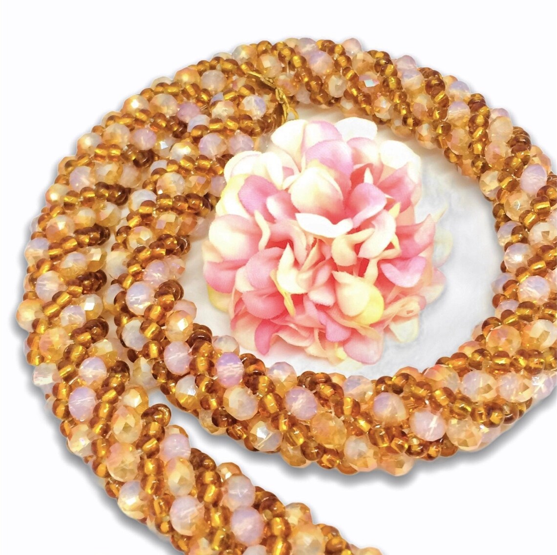 Caramel Crystals BeadWoven Necklace Unique Spiral Crochet Etsy