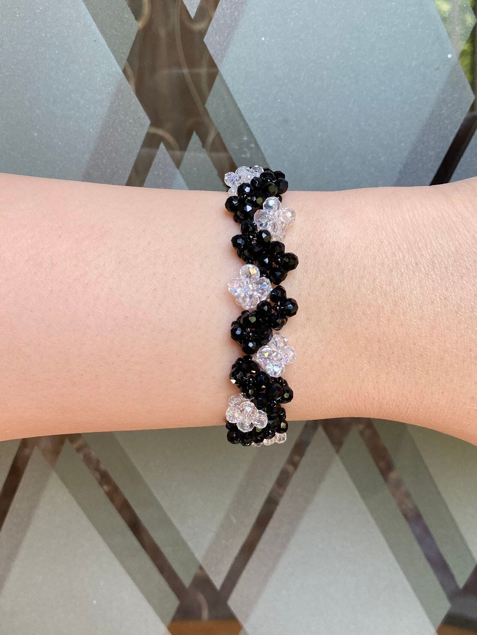 Black Flower Bracelet Set Floral Beaded Bracelet Crystal Etsy