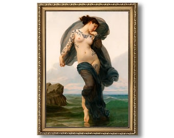 Puede incluir: Una pintura de una mujer de pie en el océano. Está desnuda y tiene tatuajes en su cuerpo. Lleva una tela azul drapeada alrededor de ella. La pintura está en un marco dorado.