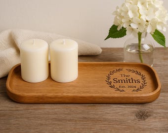 Bandeja para velas grabada - Bandeja de madera personalizada con nombre o frase - Decoración rústica de granja - Regalo para ella o pareja