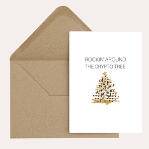 Rockin' Around Tree - Crypto Christmas Card, Trader, Trading, Funny, Finance - Cryptocurrency Trading - 7x5"in con sobre marrón incluido
