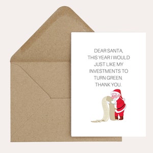 Investimentos da Lista do Papai Noel - Cartão de Natal criptográfico, engraçado, finanças, mercado de ações - Trader - 7x5" com envelope marrom incluído