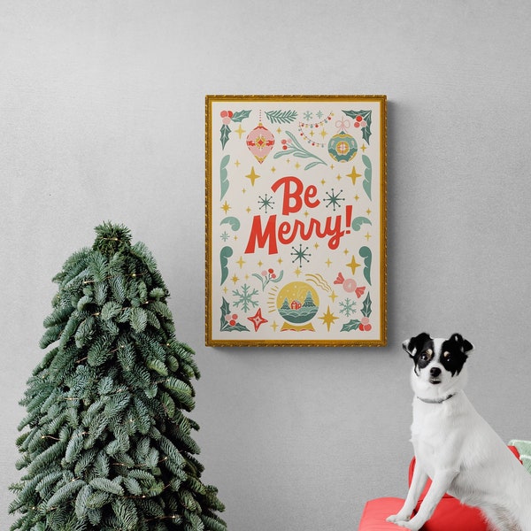 Be Merry vintage retro Christmas digital download art print | Retro Christmas printable wall decor, vintage holiday wall art, retro decor