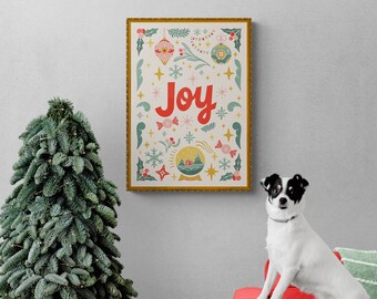 Retro 'Joy' Christmas Art Print: Vintage Holiday Wall Decor