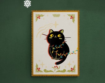 クリスマスの電飾に絡まる黒猫、ホリデーウォールアート、モダンで