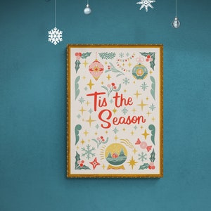 Tis the season vintage retro text Christmas digital download art | Retro Christmas printable wall decor, vintage style holiday wall art