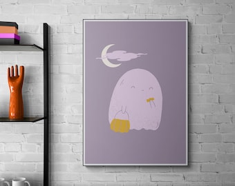 Cute pastel goth ghost Halloween A5 or A4 art print |  ghost wall decor, halloween decor, spooky wall art, cute ghost art, all hallows eve