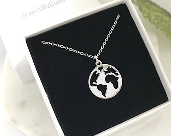 Sterling Silver World Map Necklace - Globe Pendant, Travel Jewelry